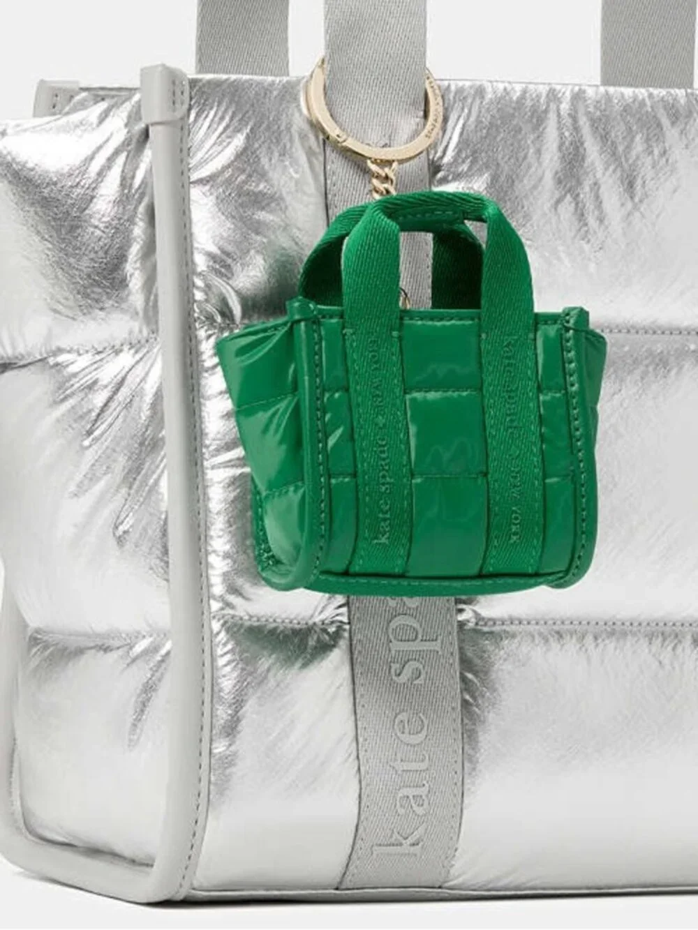 kate spade green quilted mini tote keychain with gold hardware